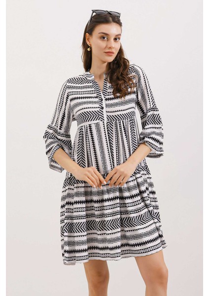 1975 Etnik Desen Elbise - Siyah