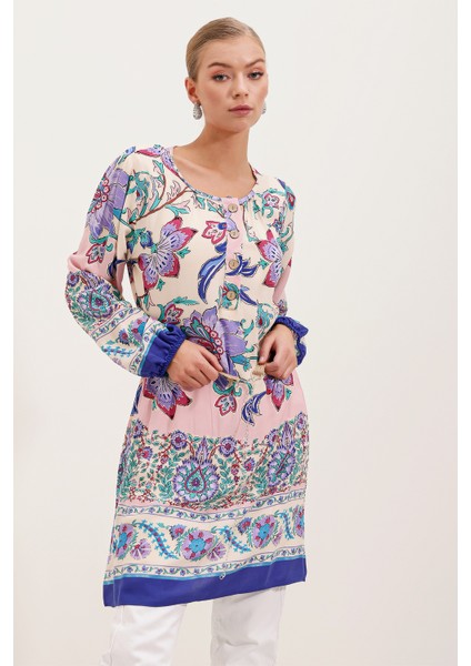 5902 Kemerli Desenli Elbise - Mor