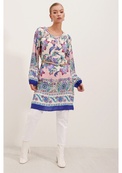 5902 Kemerli Desenli Elbise - Mor modelleri