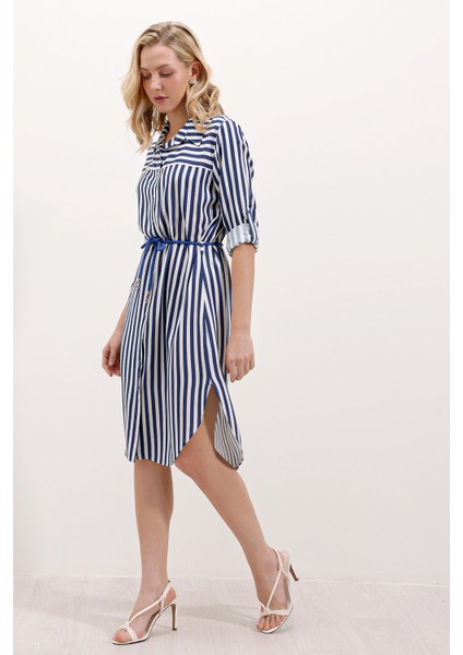 5629 Çizgili Kemerli Elbise - Mavi fiyatları