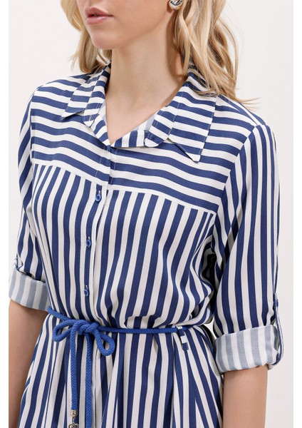 5629 Çizgili Kemerli Elbise - Mavi modelleri