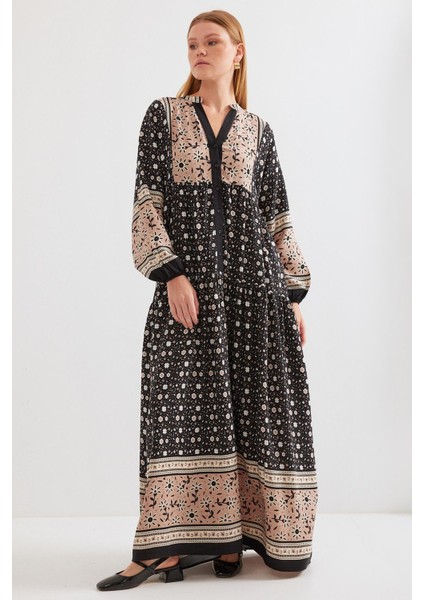 2423 Otantik Desenli Elbise - Siyah - Hardal