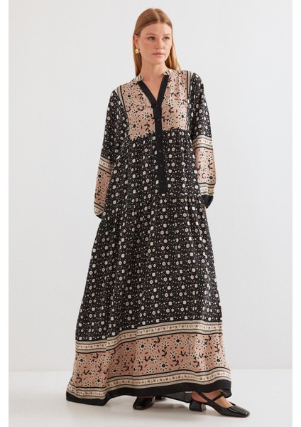 2423 Otantik Desenli Elbise - Siyah - Hardal modelleri