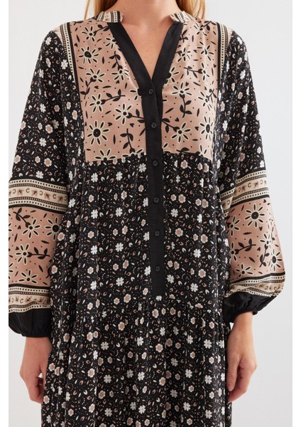 2423 Otantik Desenli Elbise - Siyah - Hardal fırsatları