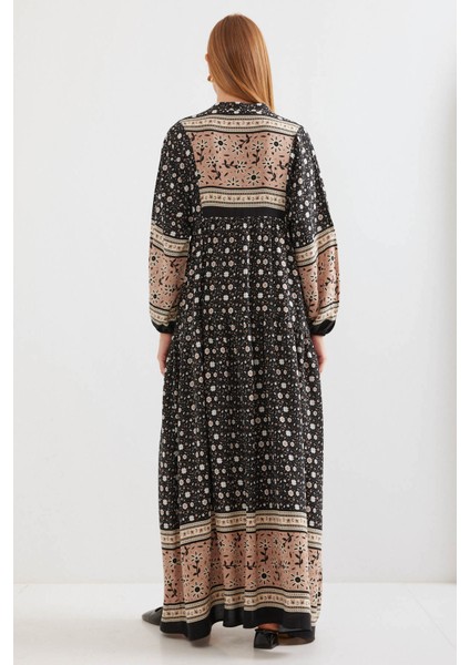 2423 Otantik Desenli Elbise - Siyah - Hardal indirimleri