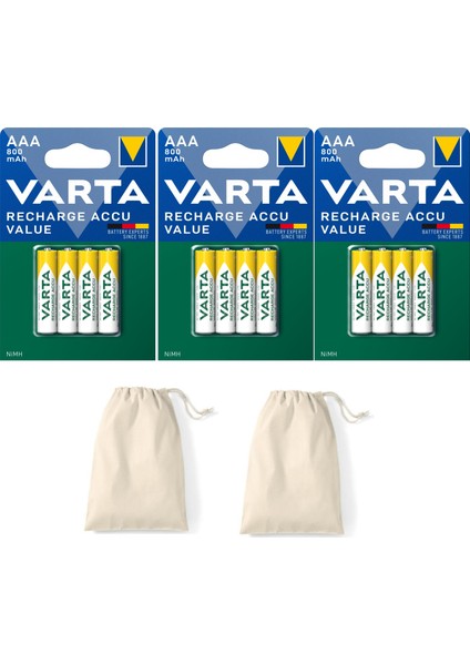 56613 Şarj Edilebilir Value 12 Adet 800MAH Aaa Ince Pil+Saklama Kesesi Hediye