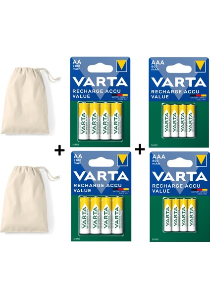 Şarj Edilebilir Value 8X2100MAH Aa KALEM+8X800MAH Aaa Ince Pil+Saklama Kesesi Hediye