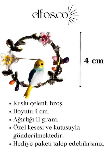 Birdy Kuşlu Renkli Çiçekli Minimal Taşlı Çelenk Broş Yaka Aksesuarı Hediyelik Özel Keseli fiyatları