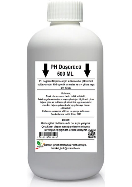 500 ml Ph Düşürücü Hidroponik ve Sıvı Gübre ve Sıvı Besin Için