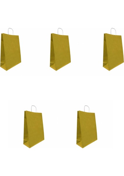 Büküm Saplı Kraft Kağıt Çanta Karton Hediyelik Poşet Torba - Altın Sarı-18X24 Cm. - 5 Adetlik Paket