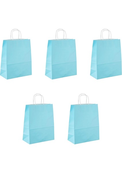 Büküm Saplı Kraft Kağıt Çanta Karton Hediyelik Poşet Torba - Açık Mavi -18X24 Cm. - 5 Adetlik Paket