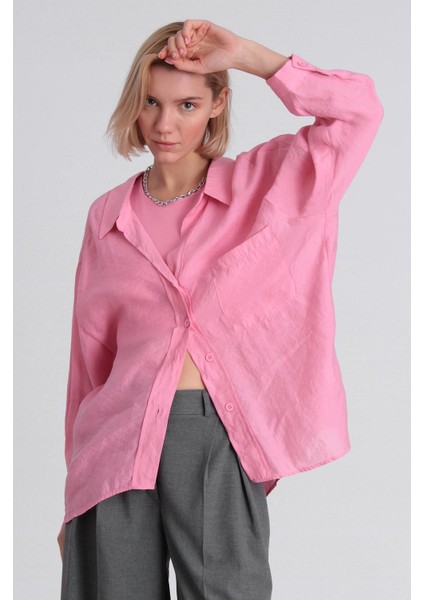 Düşük Omuzlu Oversize Gömlek Pembe