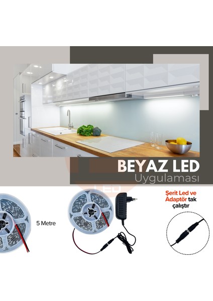 5 Metre Beyaz Şerit LED Jaklı 3 Dirençli İç Mekan Tak Çalıştır Adaptör Dahil 12V IP20 Yeni Nesil Yüksek Lümen, Tezgah, Dolap, Mutfak, Ayna Aydınlatma İçin