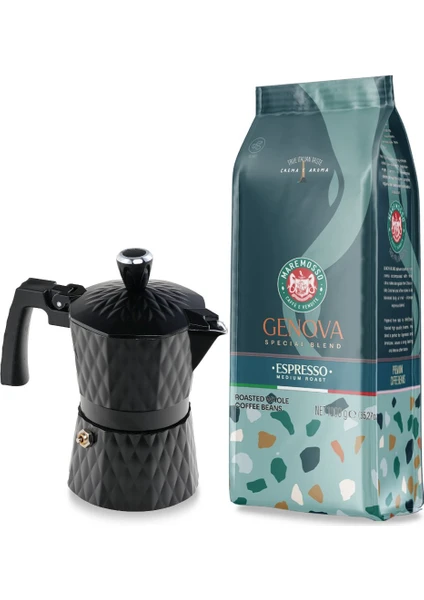 Mare Mosso Caffe ê Vendite Genova Espresso Kahve 1kg. & Moka Pot 3 Cup. (Siyah) 1. Set