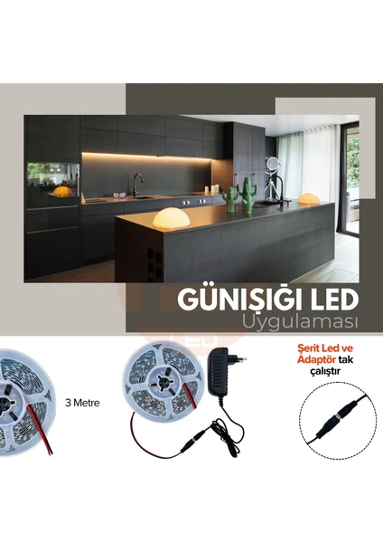 Amber LED 3 Metre Günışığı Şerit LED Jaklı 3 Dirençli İç Mekan Tak Çalıştır Adaptör Dahil 12V IP20 Yeni Nesil Yüksek Lümen, Tezgah, Dolap, Mutfak, Ayna Aydınlatma İçin