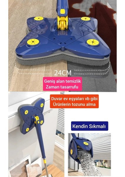 Yedek Bezli Dörtgen Kendinden Sıkmalı Deterjan Hazneli Mop Paspas Temizlik Seti Yer Duvar Silme Mop