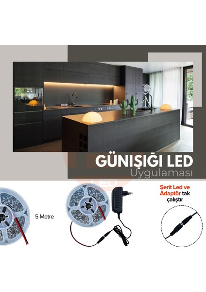 5 Metre Günışığı Şerit LED Jaklı 3 Dirençli İç Mekan Tak Çalıştır Adaptör Dahil 12V IP20 Yeni Nesil Yüksek Lümen, Tezgah, Dolap, Mutfak, Ayna Aydınlatma İçin