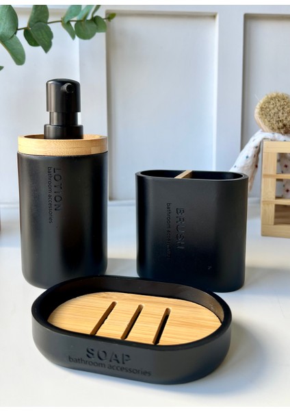 Bambu Detaylı 3 Parça Banyo Seti Lotıon/tumbler-Soap