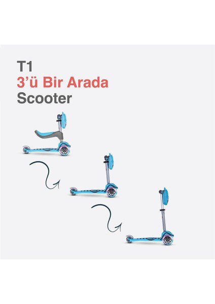 T1 3#Ü 1 Arada Oturaklı Ve Çantalı Çocuk Scooterı (15 Ay 5 Yaş)Blue