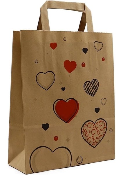 22X10X32 - 25 Adet Düz Saplı Kraft Kalpli Çanta