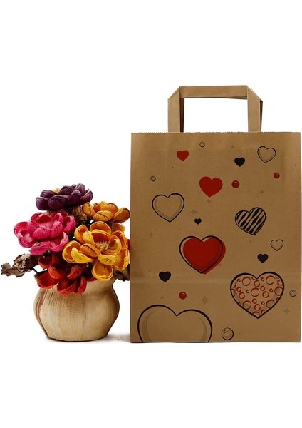 22X10X32 - 25 Adet Düz Saplı Kraft Kalpli Çanta modelleri