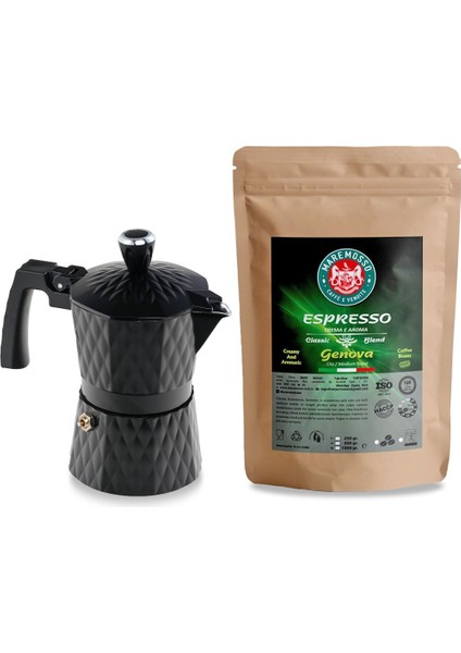 Genova Espresso Kahve 250 gr. & Moka Pot 3 Cup. (Siyah) 1. Set