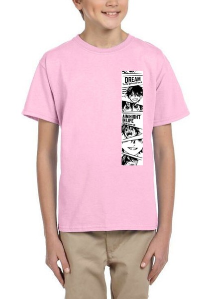 Erkek Çocuk Tişört %100 Pamuk Anime Baskılı Siyah Beyaz Pembe Çocuk T-Shirt