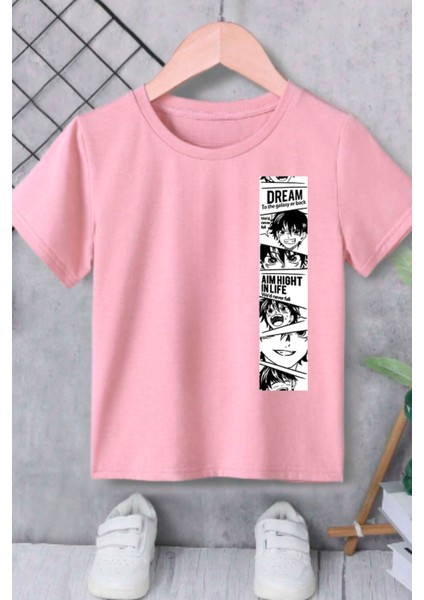 Erkek Çocuk Tişört %100 Pamuk Anime Baskılı Siyah Beyaz Pembe Çocuk T-Shirt