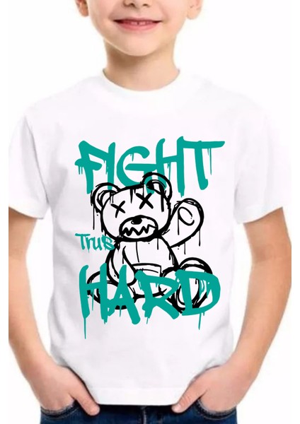 Erkek Çocuk Tişört %100 Pamuk Fight Hard Beyaz Çocuk T-Shirt