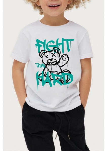 Erkek Çocuk Tişört %100 Pamuk Fight Hard Beyaz Çocuk T-Shirt