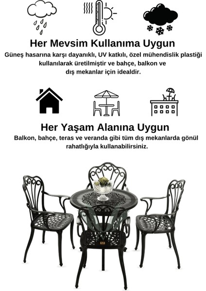 Ferforje Görünümlü Masa ve Sandalye Takımı, Bahçe, Balkon ve Dış Mekanda Kullanılabilir, 2 Yıl Garantili, 150 kg Taşıma Kapasiteli, Plastik Yuvarlak Siyah Masa ve Sandalye Takımı