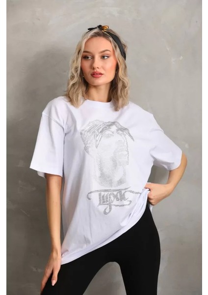 Unisex Taş Desenli Oversize T-Shirt - Beyaz