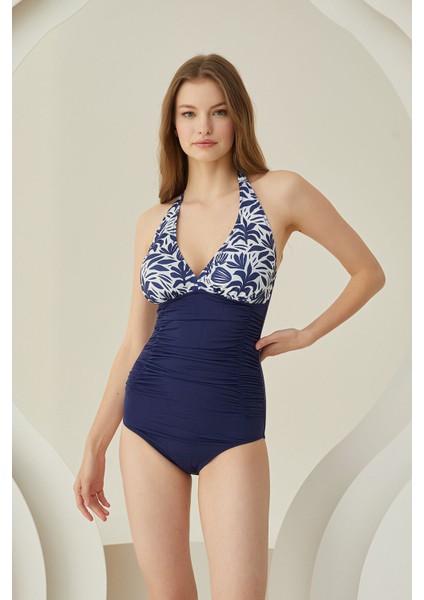 Lacivert Boyundan Bağlamalı Yaprak Desen Mayo fiyatları