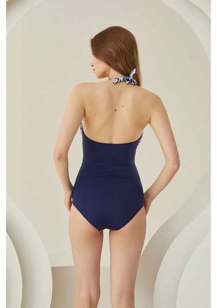 Lacivert Boyundan Bağlamalı Yaprak Desen Mayo modelleri