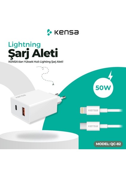 Lighting (iphone) Şarj Cihazı Yeni Nesil 50 W USB ve Typc-E Çıkışlı Ultra Güçlü