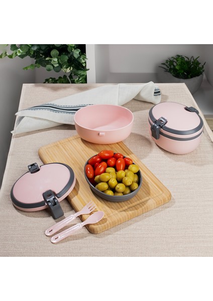 L-00691 Joy Kendinden Kaşık Çatallı Bölmeli 2 Katlı Beslenme Çantası Pudra