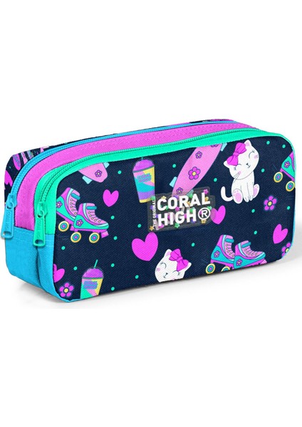 Kids Lacivert Pembe Kedili Paten Desenli Iki Bölmeli Kalem Çantası 12091