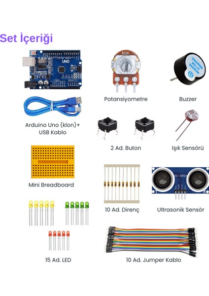 Arduino Uno Robotik Kodlama Başlangıç Seti 44 Parça + Proje Kitapçığı