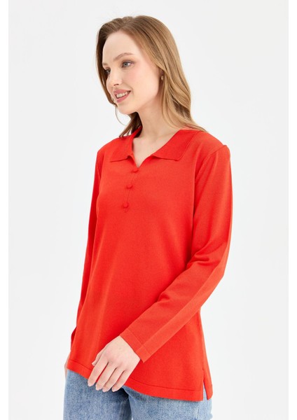 Kadın Polo Yaka Ince Triko Bluz Mercan modelleri