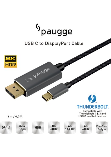 USB C to Displayport Kablo - DP 1.4, Thunderbolt 4, Thunderbolt 3, HDR, 8K 60Hz, 4K 144Hz, 4K 120Hz, 4K 60Hz, 2K 240Hz, Full HD 240Hz, Örgülü, 2 Metre (CDP14B-PRO)