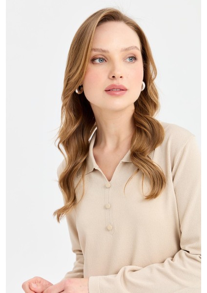 Kadın Polo Yaka Ince Triko Bluz Bej fiyatları