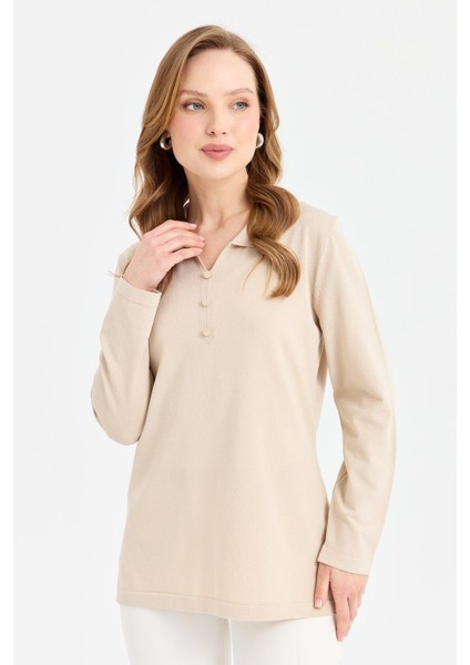 Kadın Polo Yaka Ince Triko Bluz Bej fırsatları
