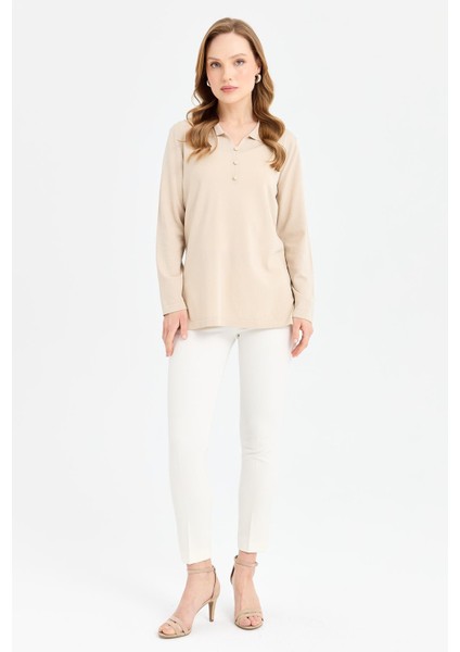 Kadın Polo Yaka Ince Triko Bluz Bej indirimleri