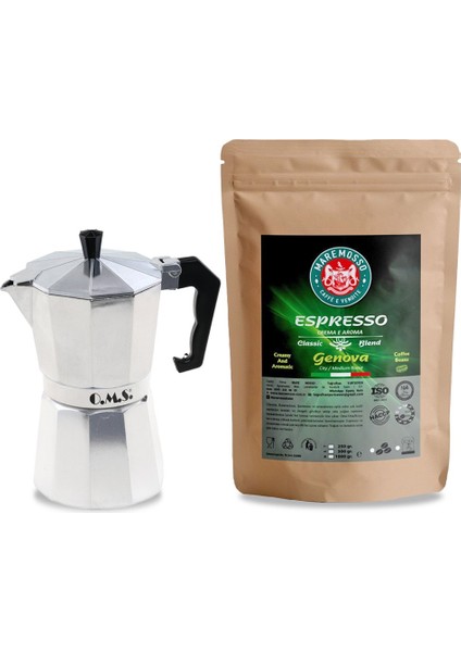 Mare Mosso Caffe ê Vendite Genova Espresso Kahve 250 Gr. & Moka Pot 6 Cup. (Metalik) 1. Set