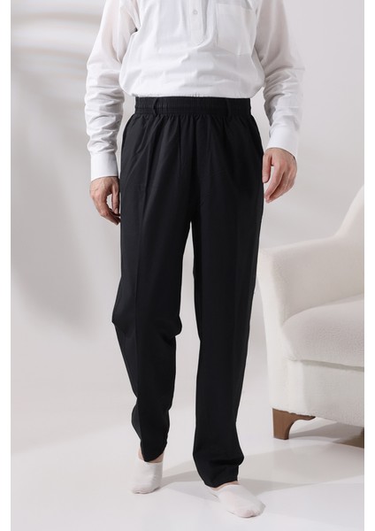 Erkek Siyah Rahat Kesim Beli Lastikli Keten Hac ve Umre Şalvar Pantolon