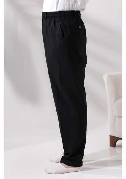 Erkek Siyah Rahat Kesim Beli Lastikli Keten Hac ve Umre Şalvar Pantolon modelleri