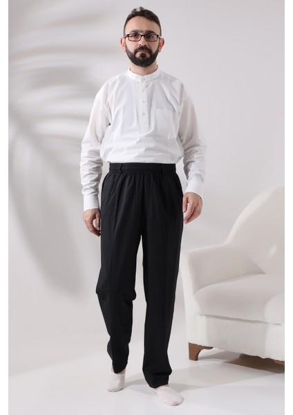 Erkek Siyah Rahat Kesim Beli Lastikli Keten Hac ve Umre Şalvar Pantolon indirimleri