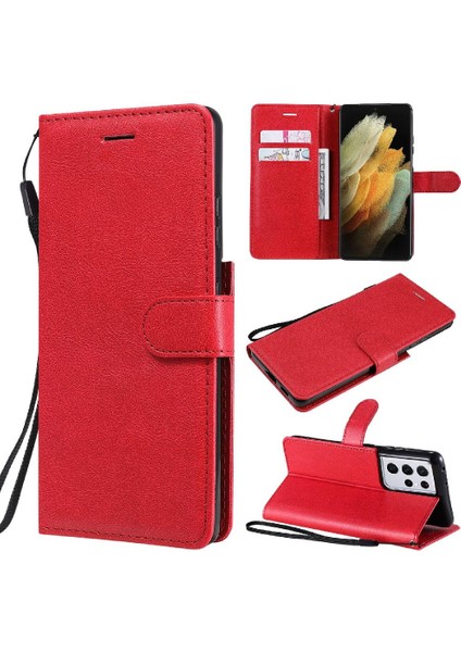 Kart Yuvası Klasik Düz Renk ile Samsung Galaxy S21 Ultra Için Flip Case (Yurt Dışından)