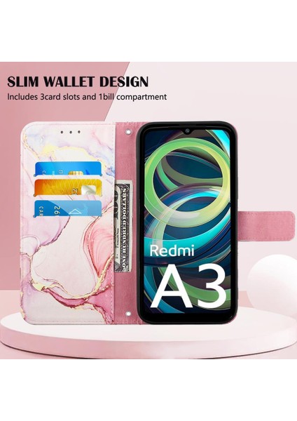 Xiaomi Redmi A3 Mermer Desen Cüzdan Kickstand Pu Deri Kılıf (Yurt Dışından) fırsatları