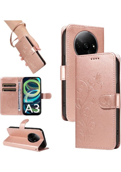 Xiaomi Redmi A3 Için Flip Case El Kayışı ve Kart ile Kabartmalı Kelebek (Yurt Dışından)